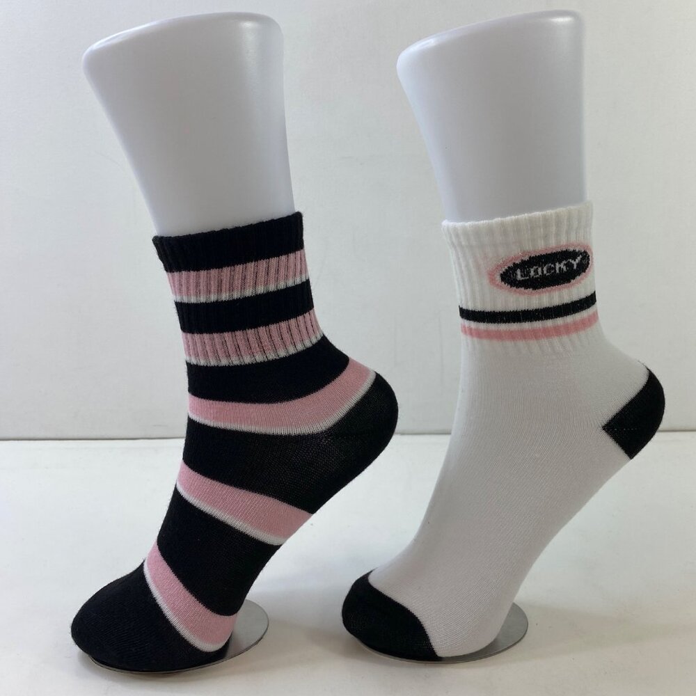 Womens Crew Socks Set 2 Stripes "Locky" Logo Black Pink White